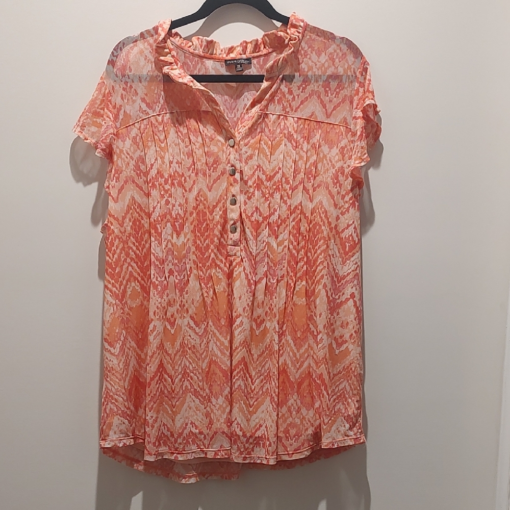 Ava & Grace Abstract Patterned Sheer Ruffled Collar Short Sleeve Blouse Babydoll